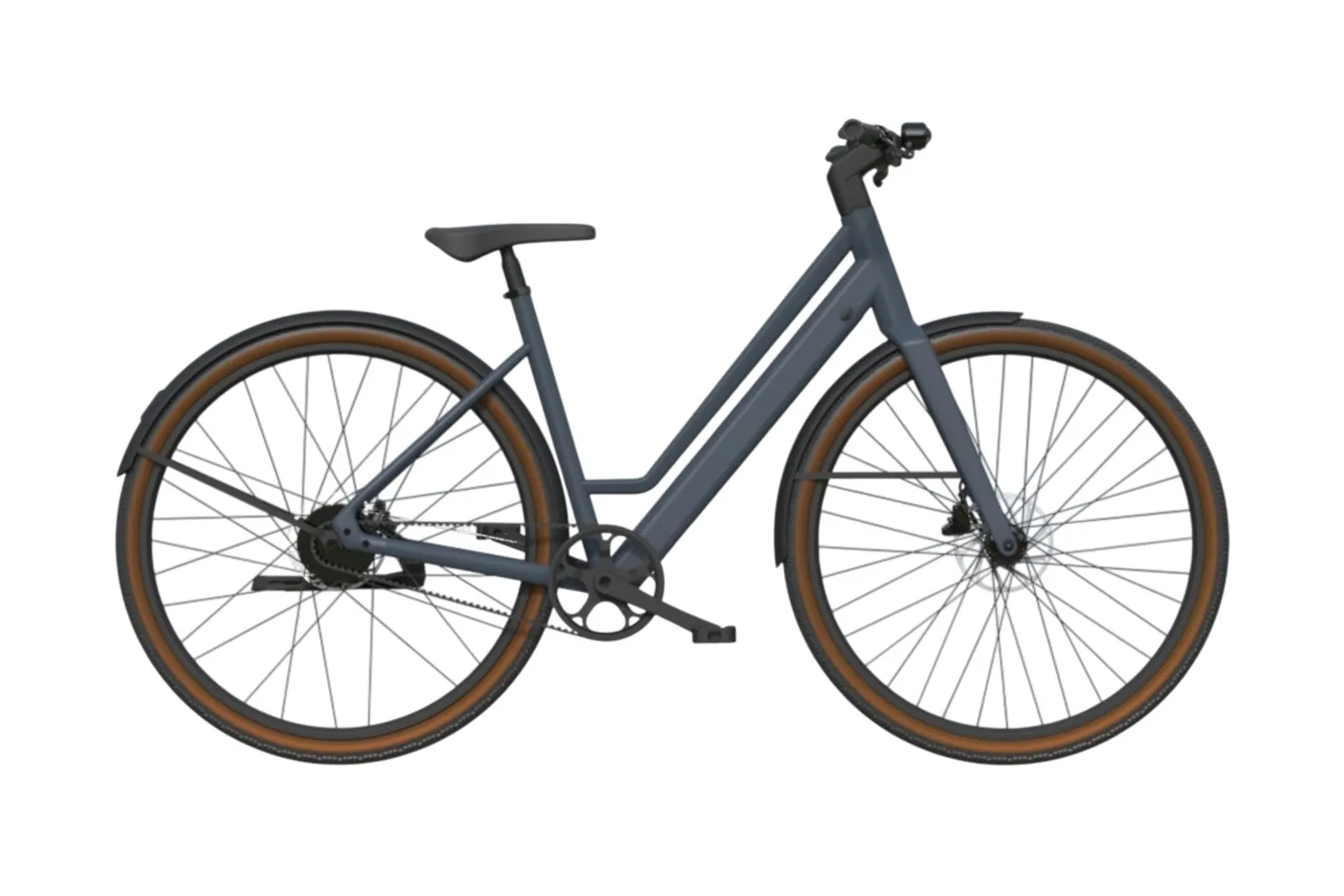 Estarli e28.X in midnight blue with step-through frame, side profile view.