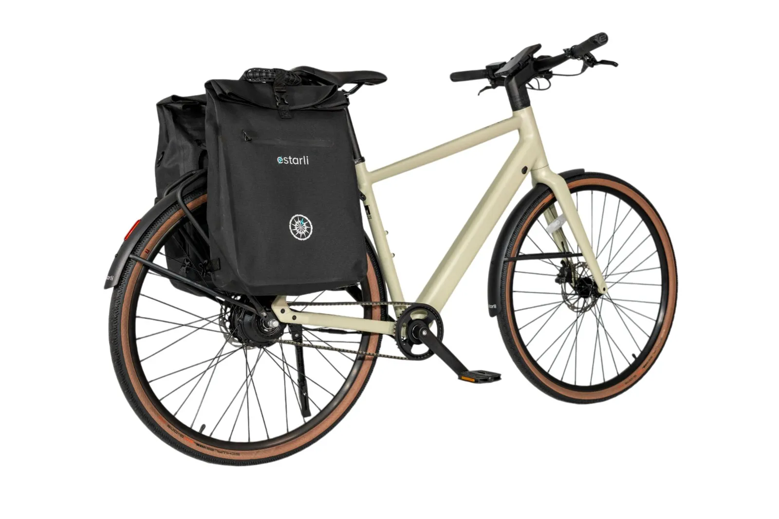 Estarli e28.X in pistachio with crossbar frame, rear rack and Estarli panniers.