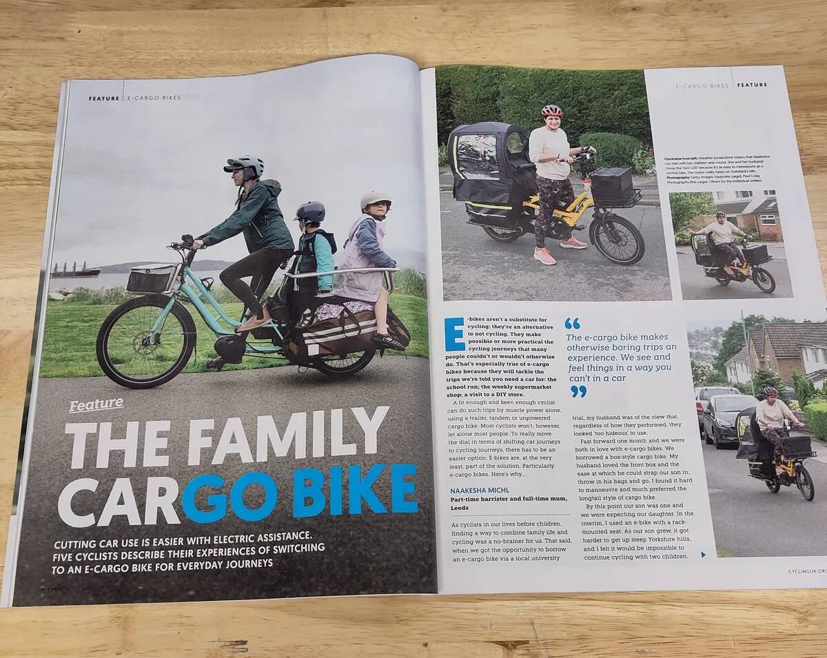 The latest issue of Cycling UK’s ‘Cycle’ magazine feature on the family cargo bike