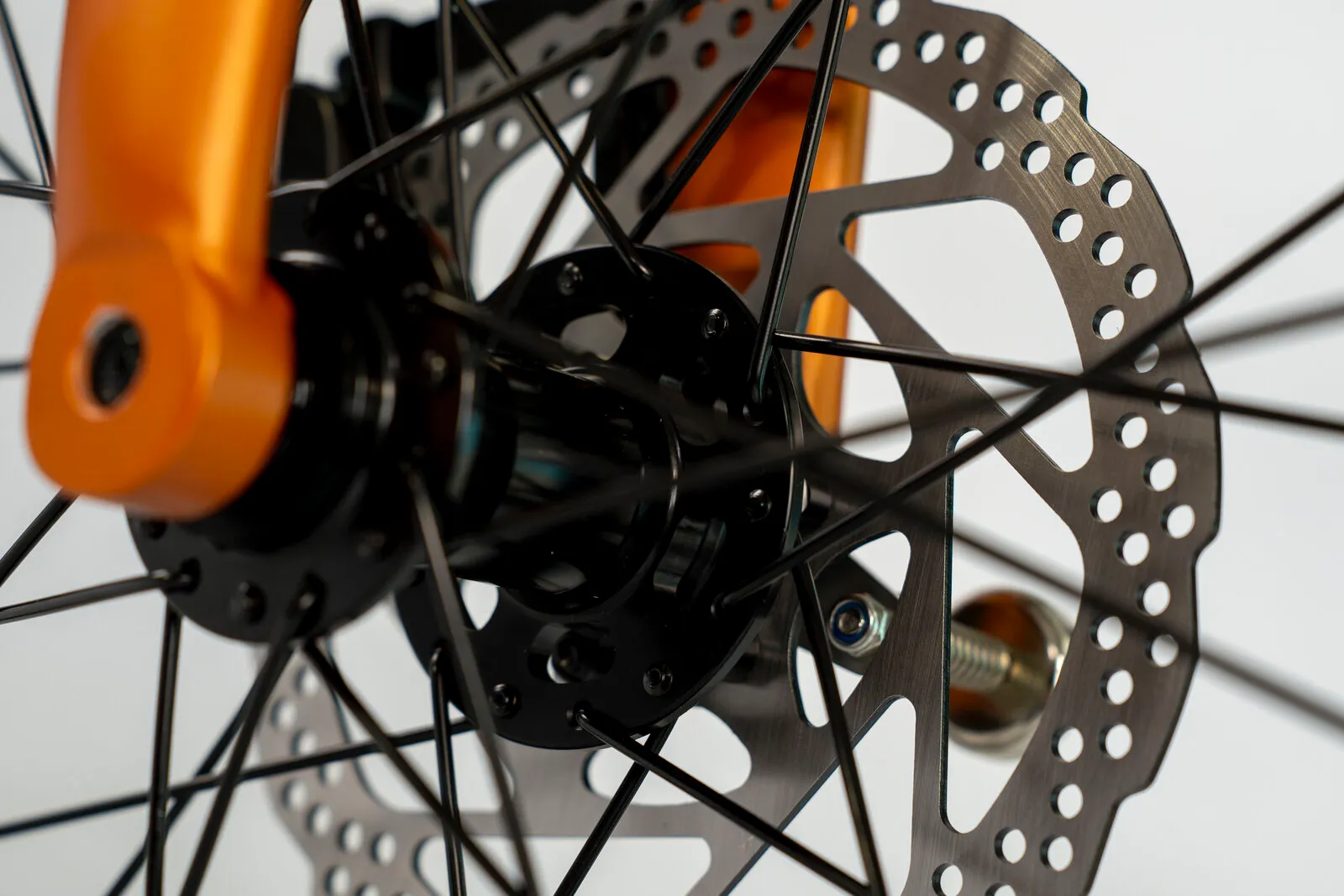 Close-up of the e20.X front disc brake rotor and hub.