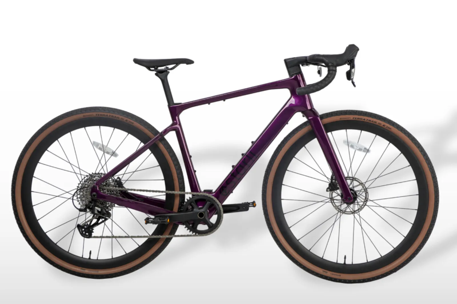 Estarli G700 in cosmic purple with tan-wall gravel tyres, side profile view.
