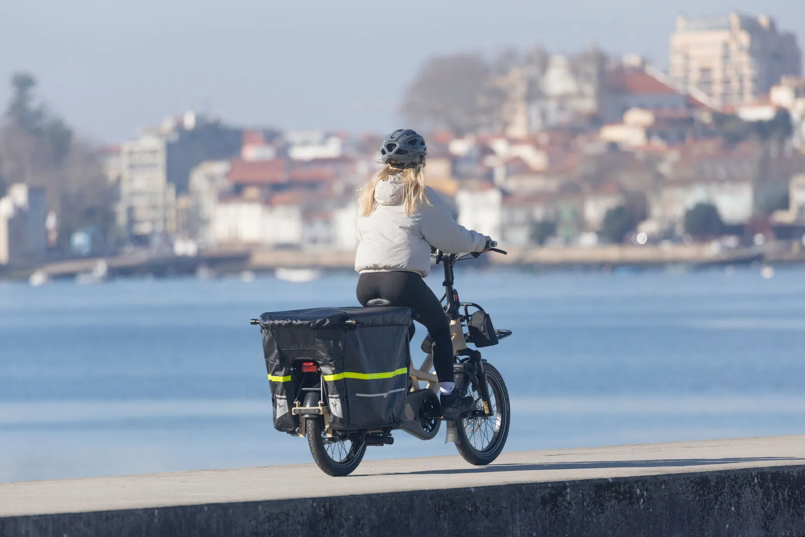 A woman riding a Tern GSD along a waterfront with a fully loaded rear cargo bag.