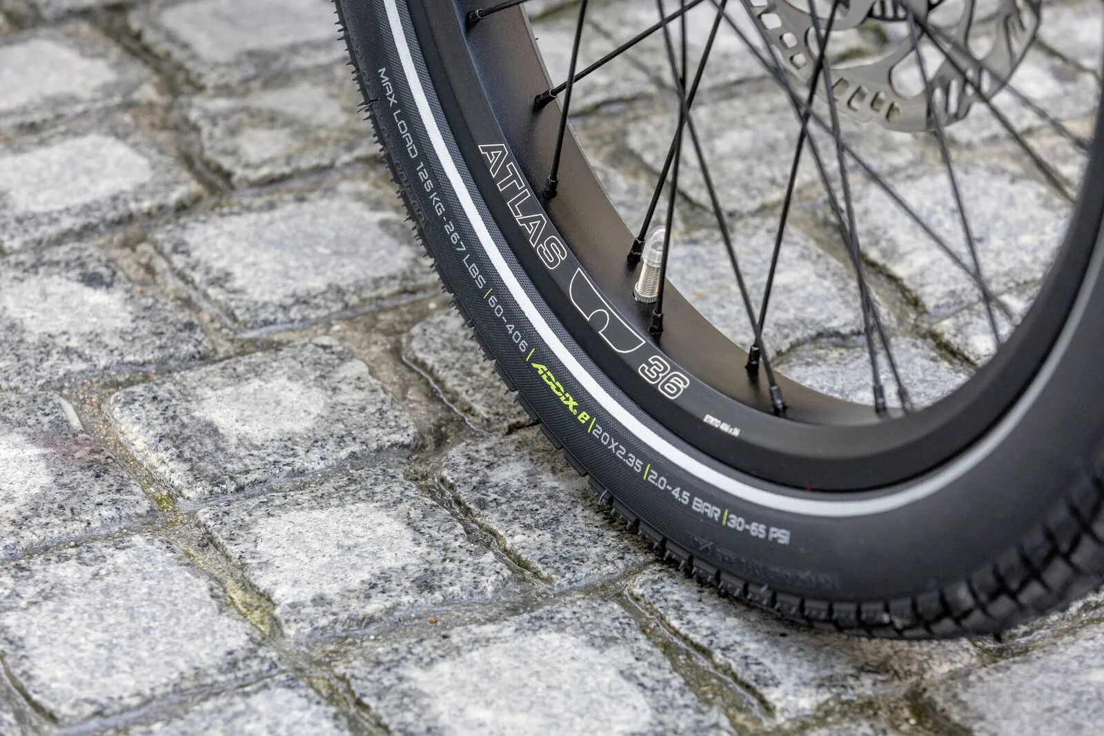 Close-up of the wide Tern Atlas rim and Schwalbe tyre on a Tern GSD.