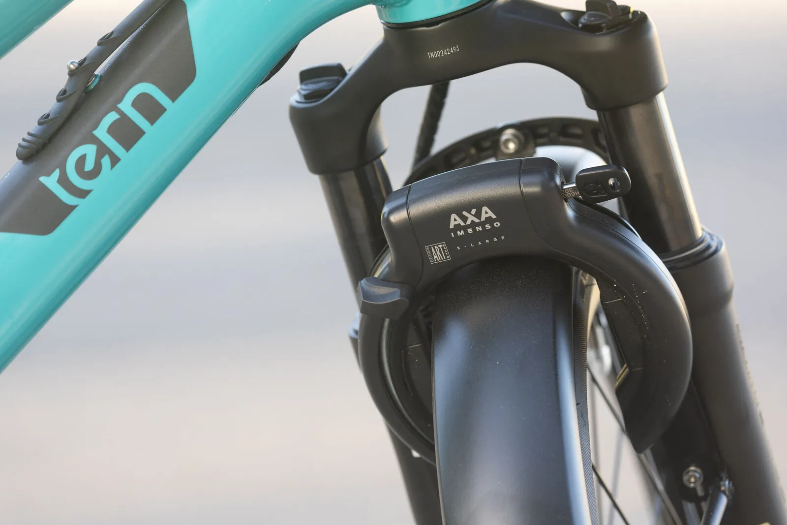 Close-up of the AXA frame lock mounted on the fork of a beetle blue Tern GSD.