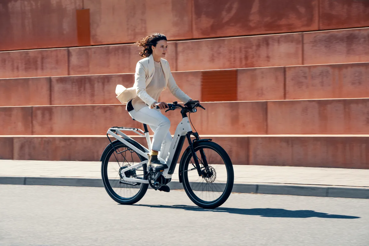 A lady riding a Riese & Müller Homage on a paved street in front of large red stone steps.