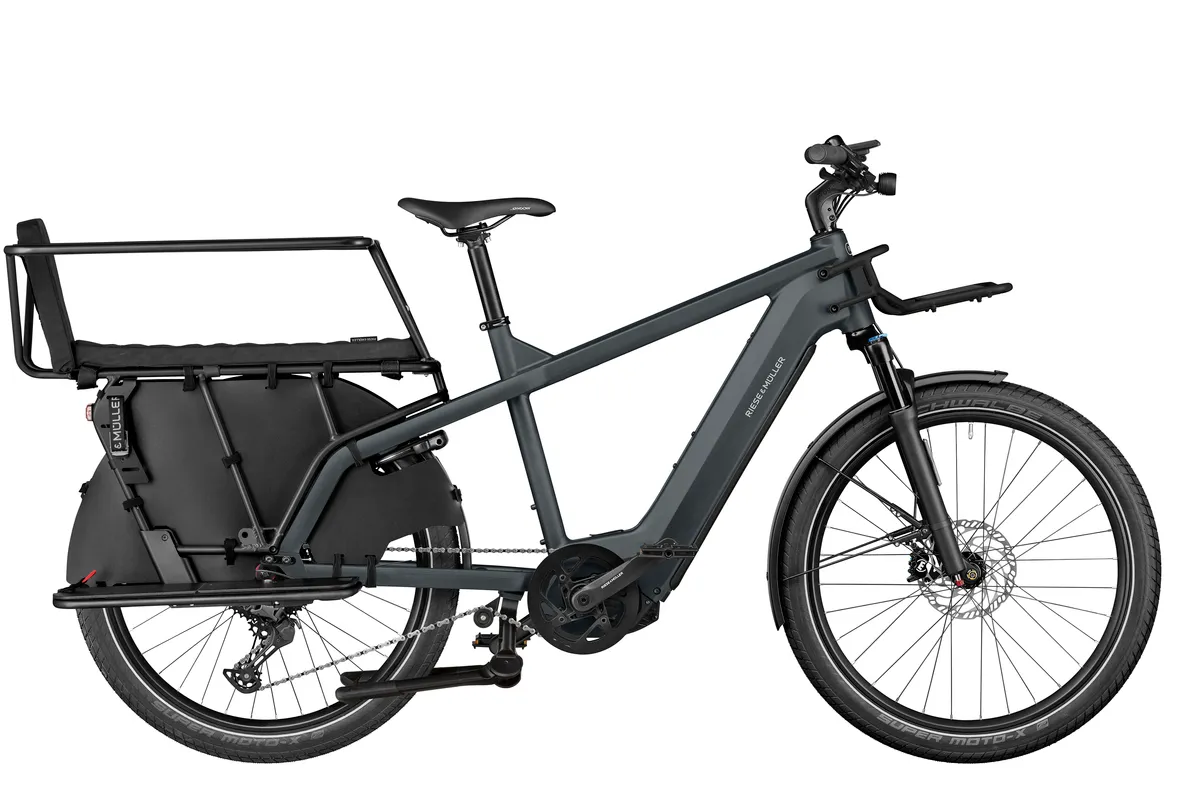 Riese & Müller Multicharger2 GT touring in utility grey with carrier in black matt with safety bar kit.
