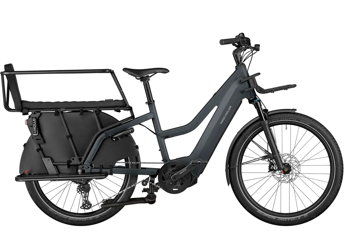 Riese & Müller Multicharger2 GT touring in utility grey with carrier in black matt with mixte frame, safety bar kit and comfort kit.