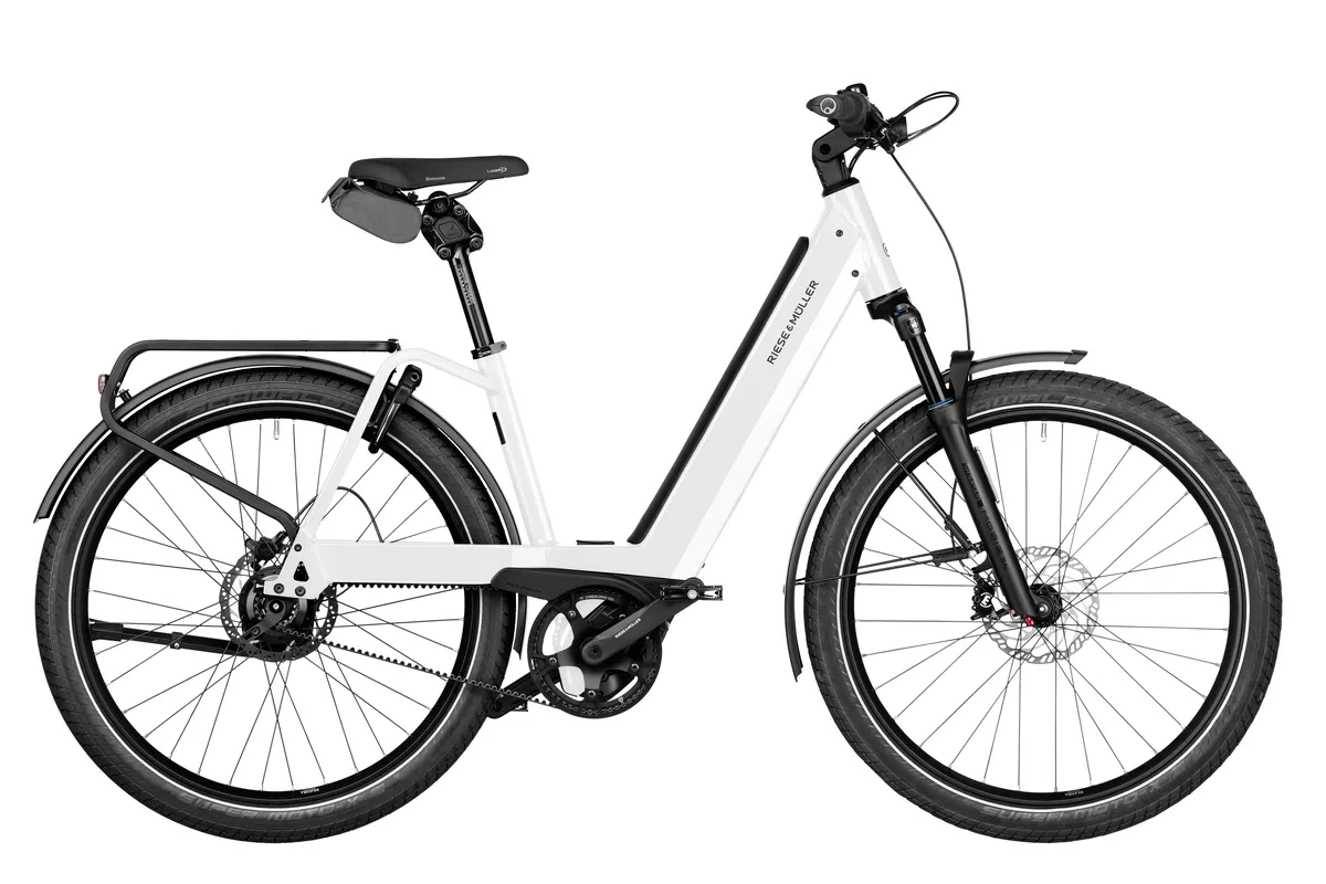 Riese & Müller Nevo4 GT vario in pure white with additional chain lock and bag.