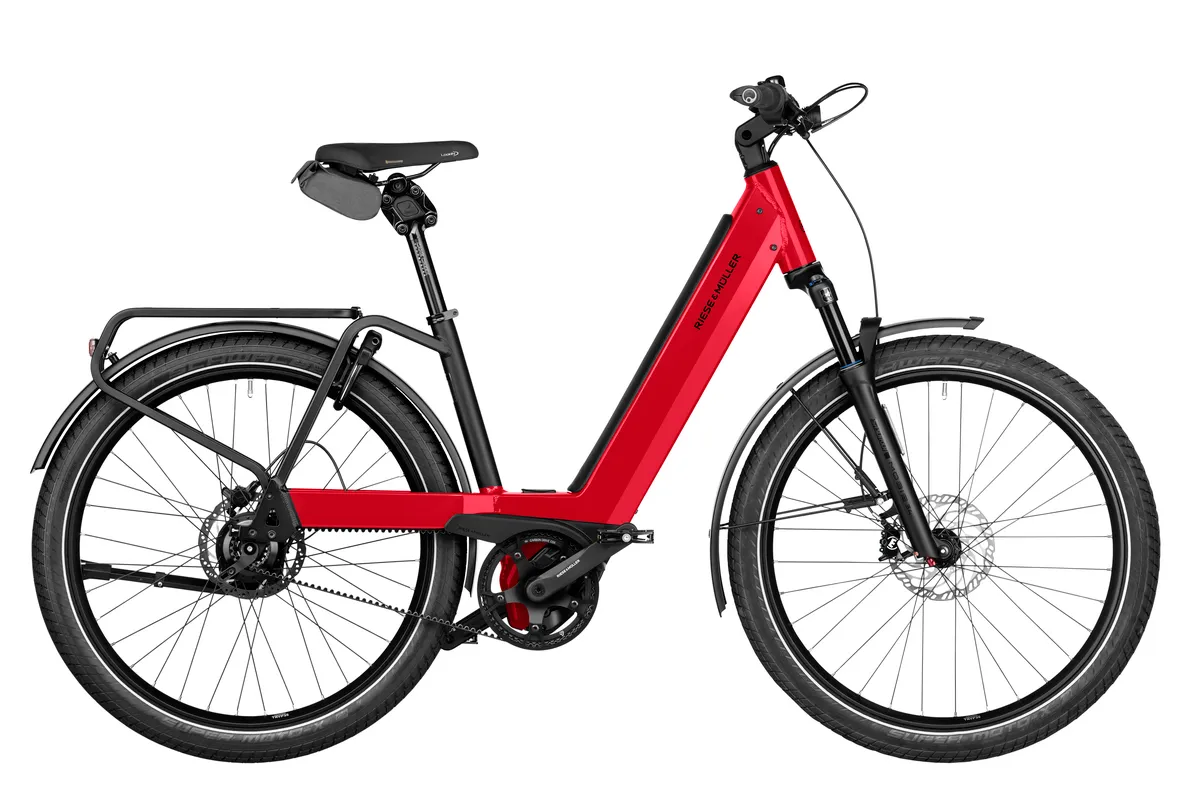 Riese & Müller Nevo4 GT vario in dynamic red metallic with additional chain lock and bag.