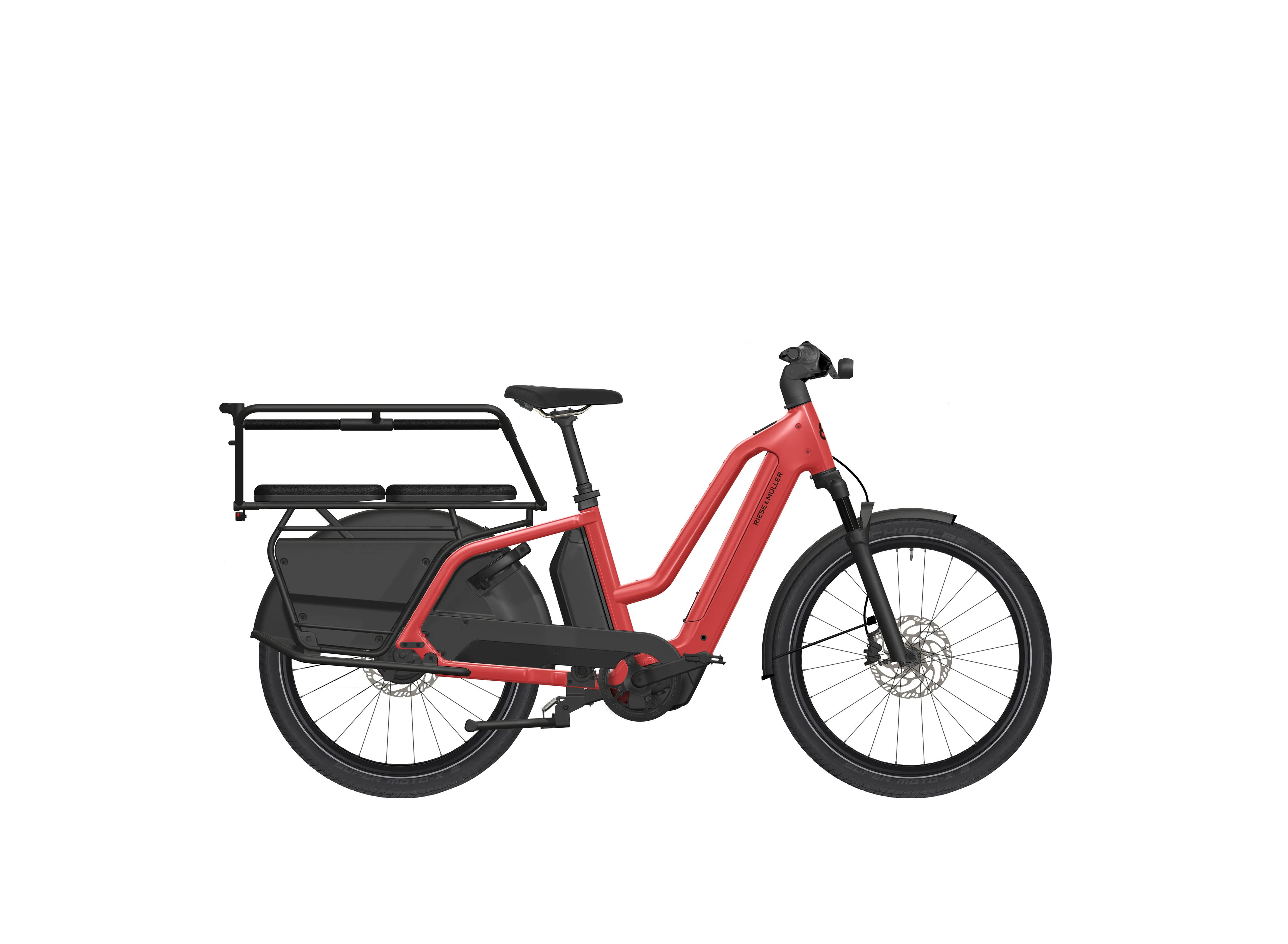 Riese & Müller Multicharger4 in lava with the Family Kit and dual battery option, side view showing the safety bar and rear child seating.