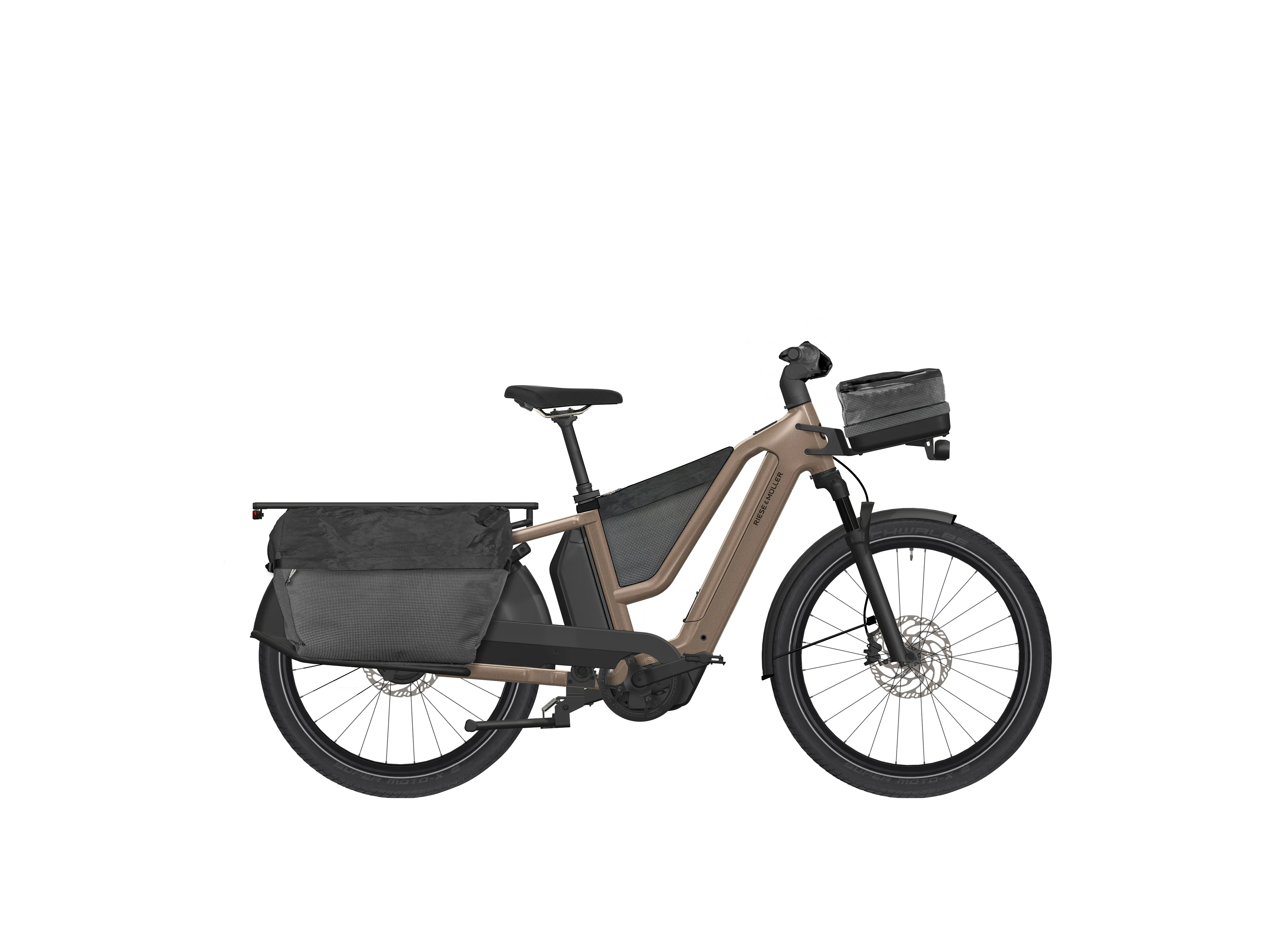 Riese & Müller Multicharger4 in tierra with the Cargo Kit, front bag and dual battery option, side view.