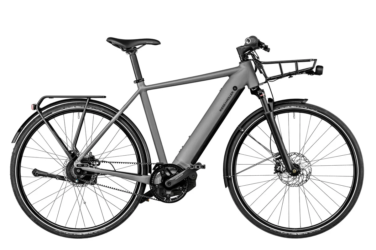 Riese & Müller Roadster4 vario with diamond frame in grey matt with carrier and front carrier.