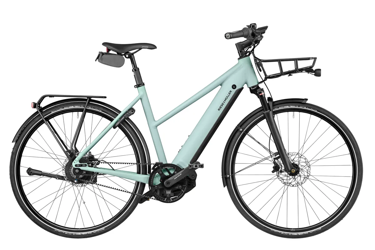 Riese & Müller Roadster4 vario with mixte frame in salvia matt with carrier, front carrier, comfort kit and lock.