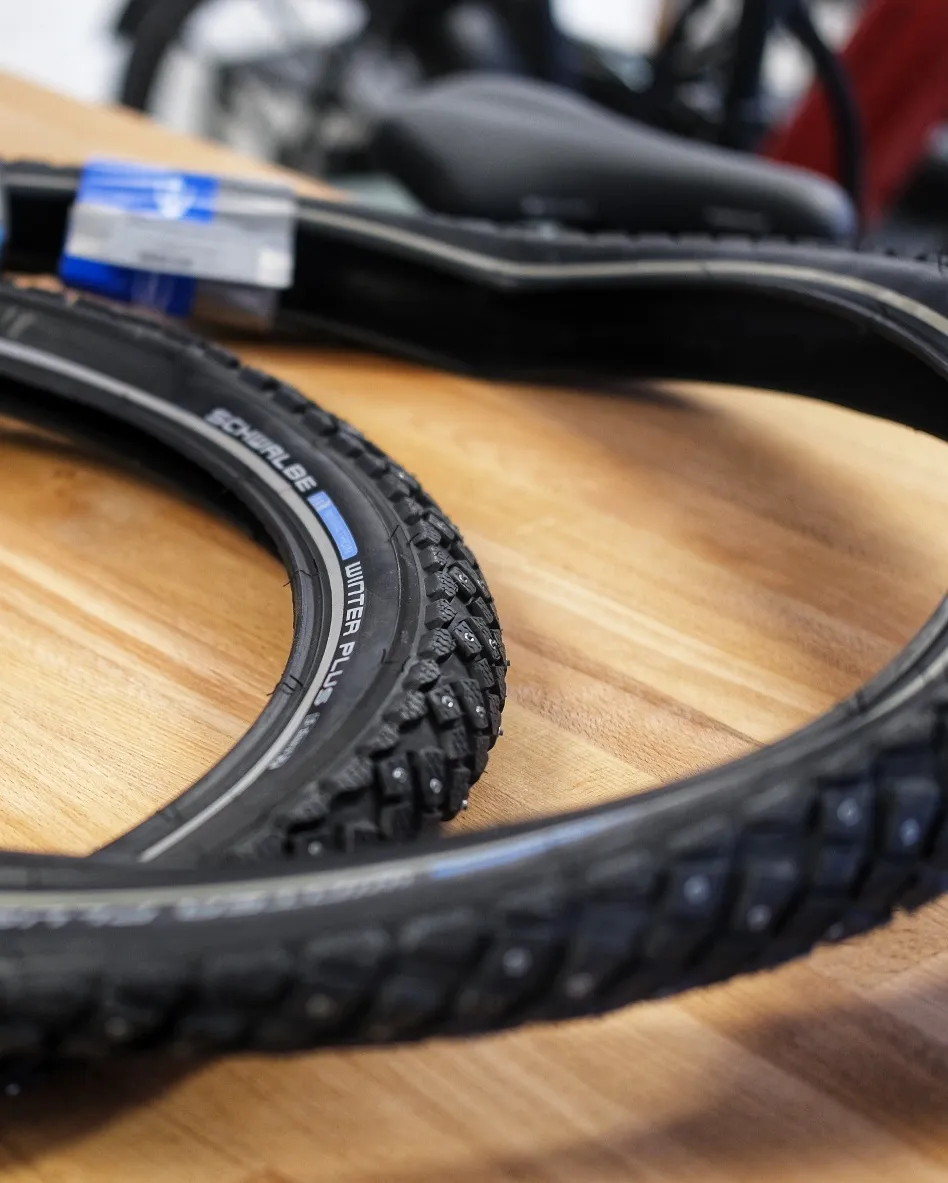 Don’t let the wintry weather stop you from getting out and about on your bike. We stock and fit Schwalbe’s excellent range of winter and winter plus tyres, complete with studs to ensure you stay upright when things get icy.