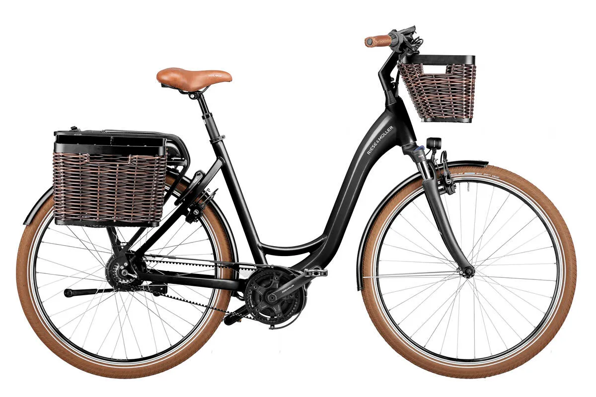 Riese & Müller Swing4 vario in black with front and carrier baskets.