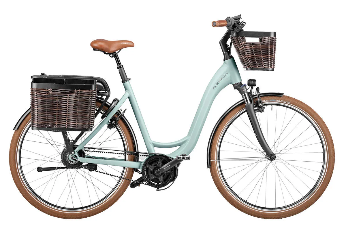 Riese & Müller Swing4 vario in salvia matt with front and carrier baskets to show what’s included with this particular model.