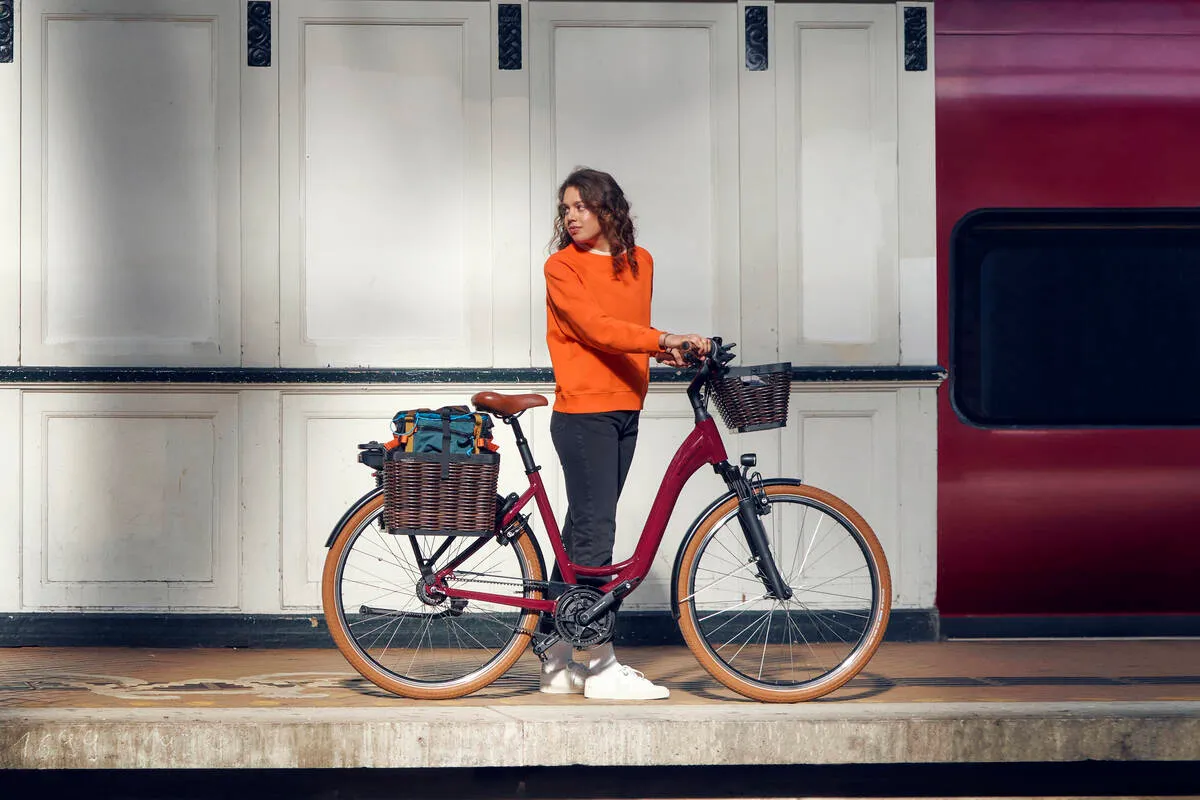 A lady riding with a Riese & Müller Swing4 in bordeaux on a train platform.