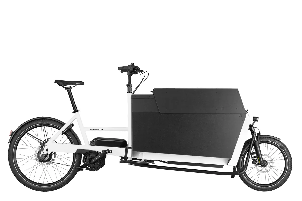 Riese & Müller Transporter2 85 vario in true white with box with lockable flat box cover.