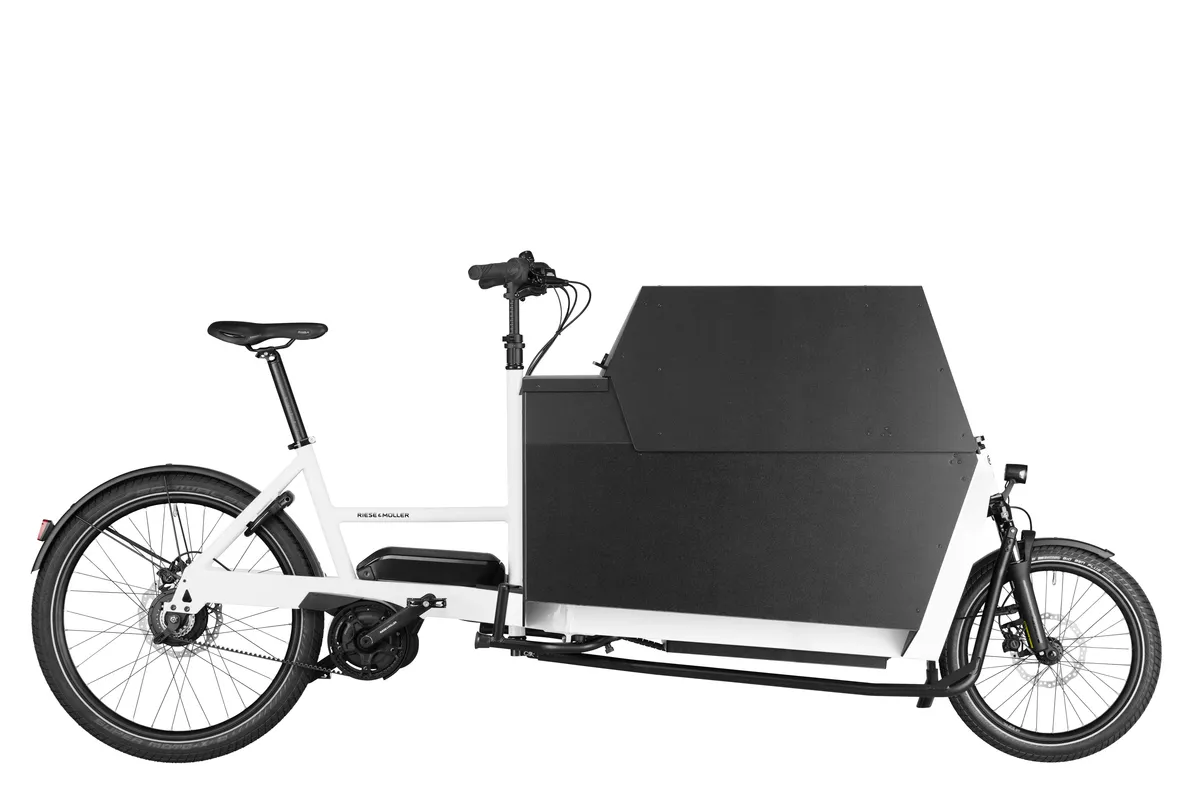 Riese & Müller Transporter2 85 vario in true white with box with lockable high box cover.