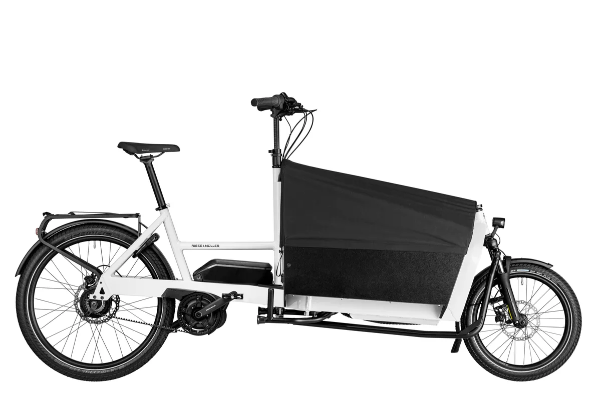 Riese & Müller Transporter2 65 vario in true white with box and tarpaulin.