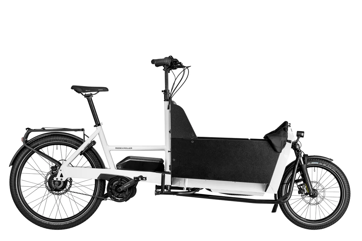 Riese & Müller Transporter2 65 vario in true white with box and double rear child seat.
