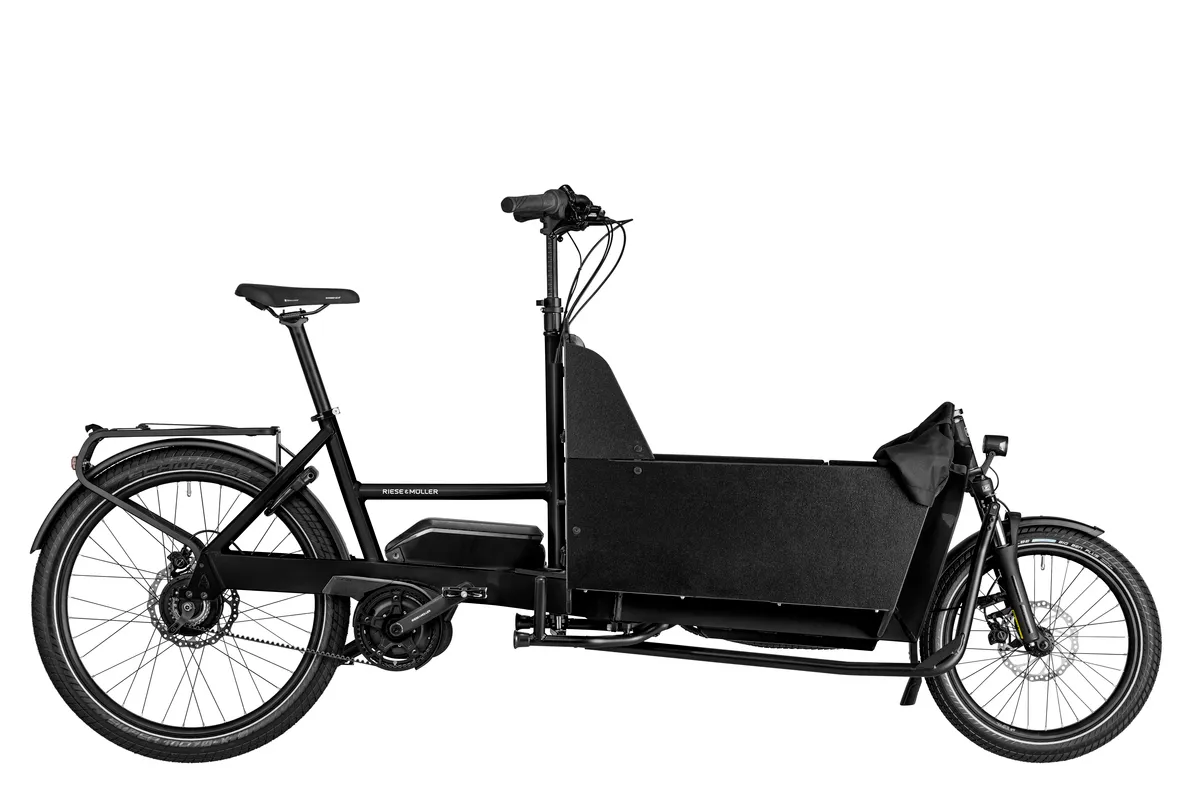 Riese & Müller Transporter2 65 vario in black with box and double rear child seat.
