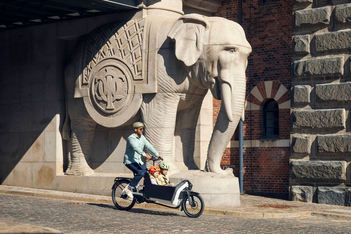 A man riding a Riese & Müller Transporter cargo bike in true white with two children in the front.