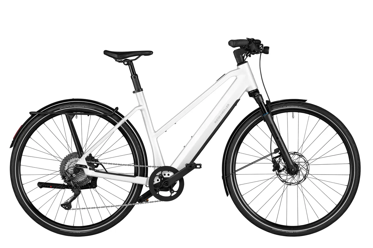 Riese & Müller UBN Seven touring in pearl white with comfort kit.