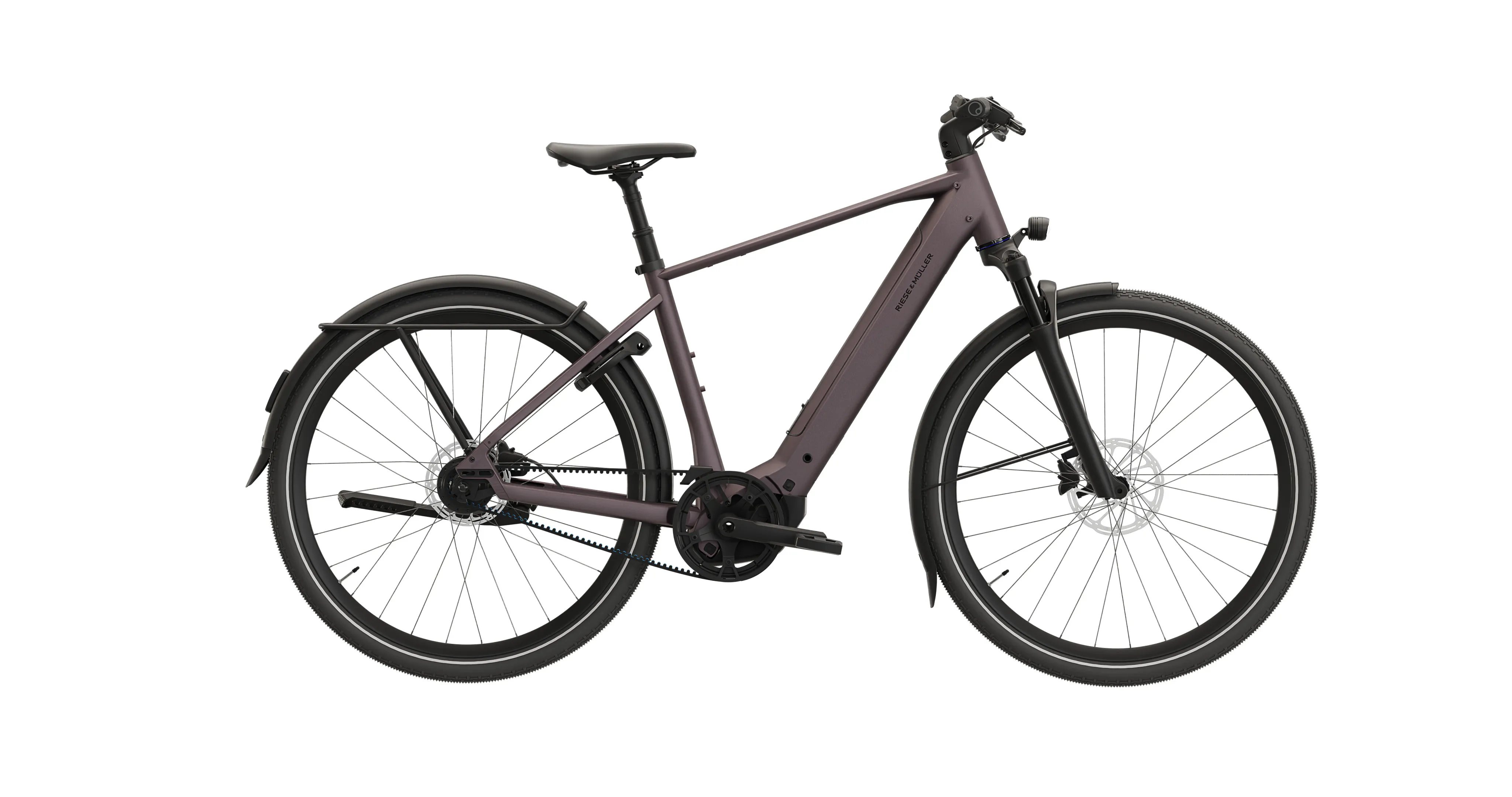 Riese & Müller Veya with diamond frame in dusty purple, side view showing the integrated battery, pannier rack, mudguards and lights.
