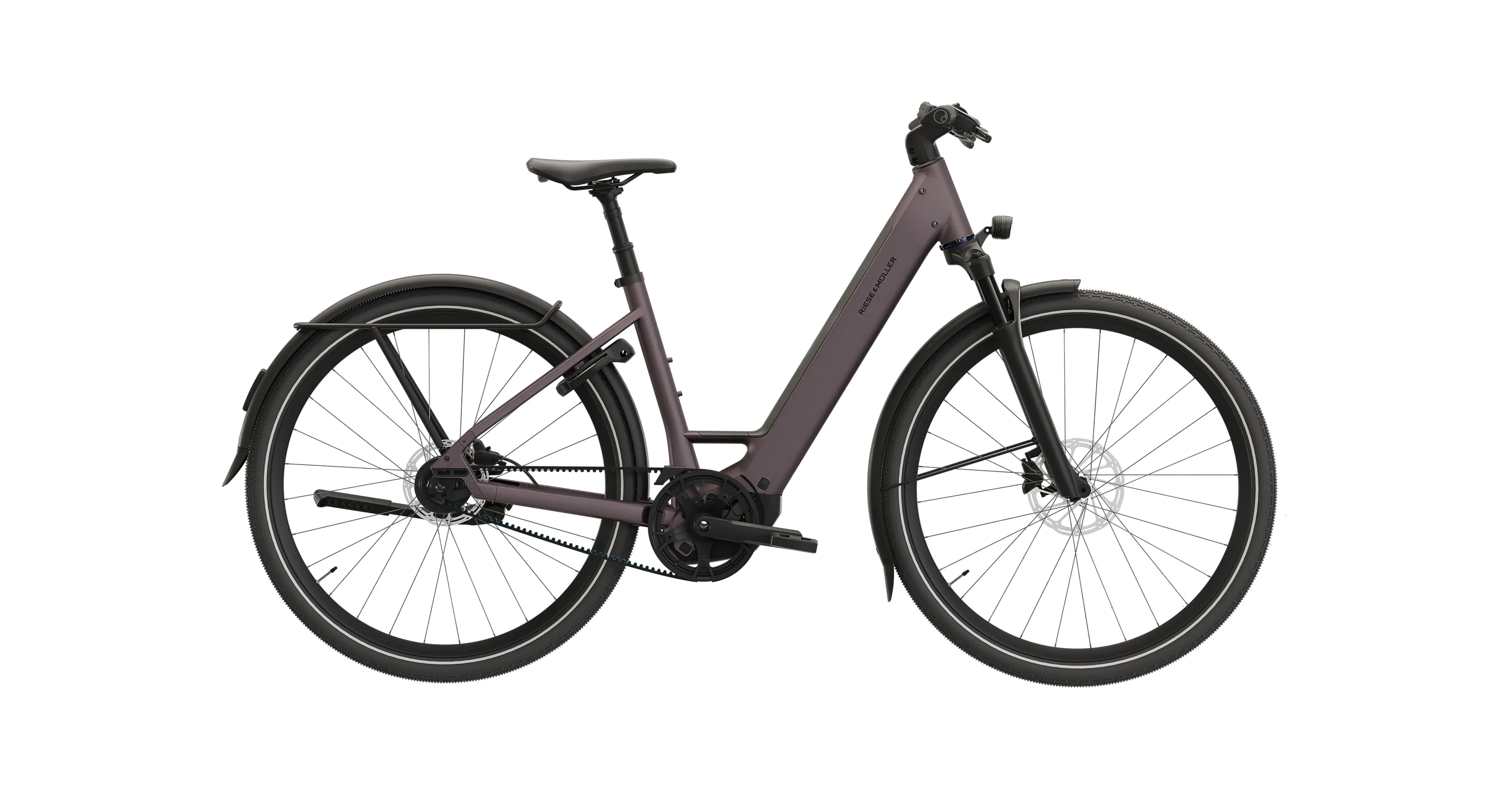 Riese & Müller Veya Open with low step-through frame in dusty purple, side view.